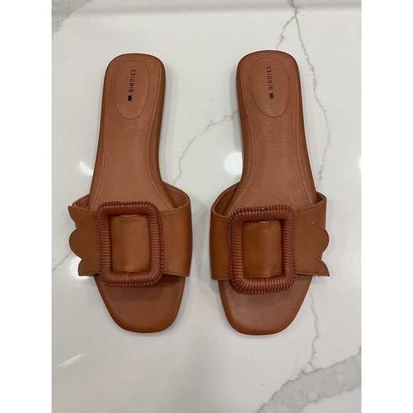 Birdies 'The Kiwi' Women's Tan Leather Slip-On Slide Buckle Sandals Size 11 - Picture 1 of 7
